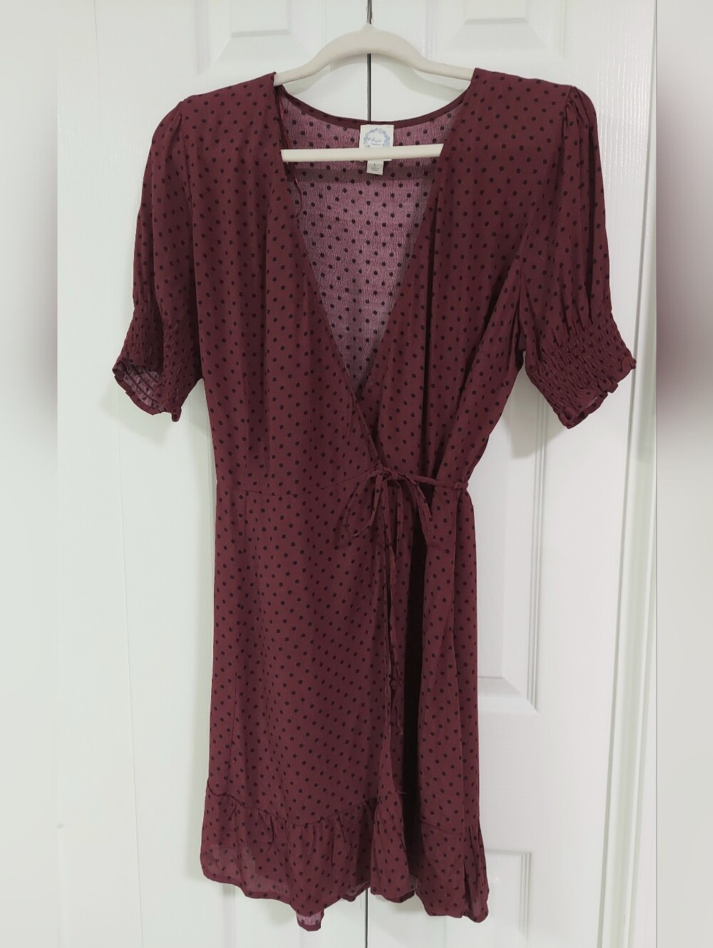 Blue Rain Wrap Dress, Size Large, Burgundy Polka-dot, Ruffle Hem